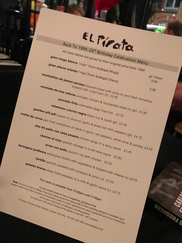 25 aniversario restaurante El Pirata, en Mayfair